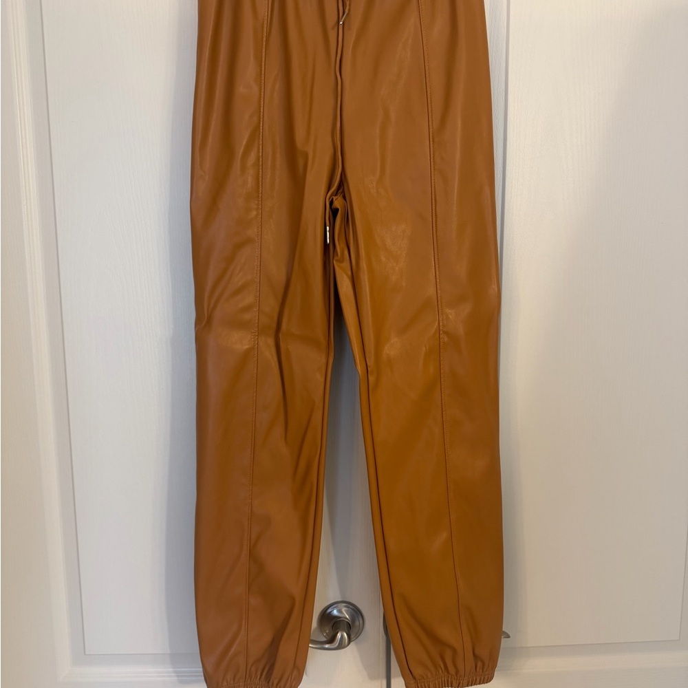 Women’s Tan drawstring faux leather Joggers
